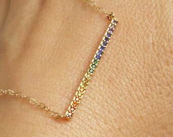 Rainbow Cubic Zirconia Dainty Bar Necklace: Minimalist Jewelry