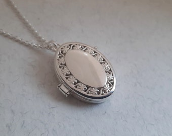 Silver Oval Locket. Floral Oval Locket. Personalized Photo Necklace. Keepsake Necklace. Sterling Silver Necklace. Keepsake Necklace