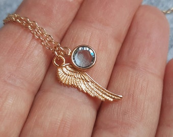 Gold Angel Wing Necklace. Personalized Necklace. Gold Filled Chain Necklace. Vermeil Angel Wing. Birthstone Necklace