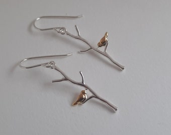 Bird on a Branch Earrings. Gold Bird Earrings. Sterling Silver Bird Earrings. Bird Jewellery. Women's Earrings. Gift For Her. Gift Idea