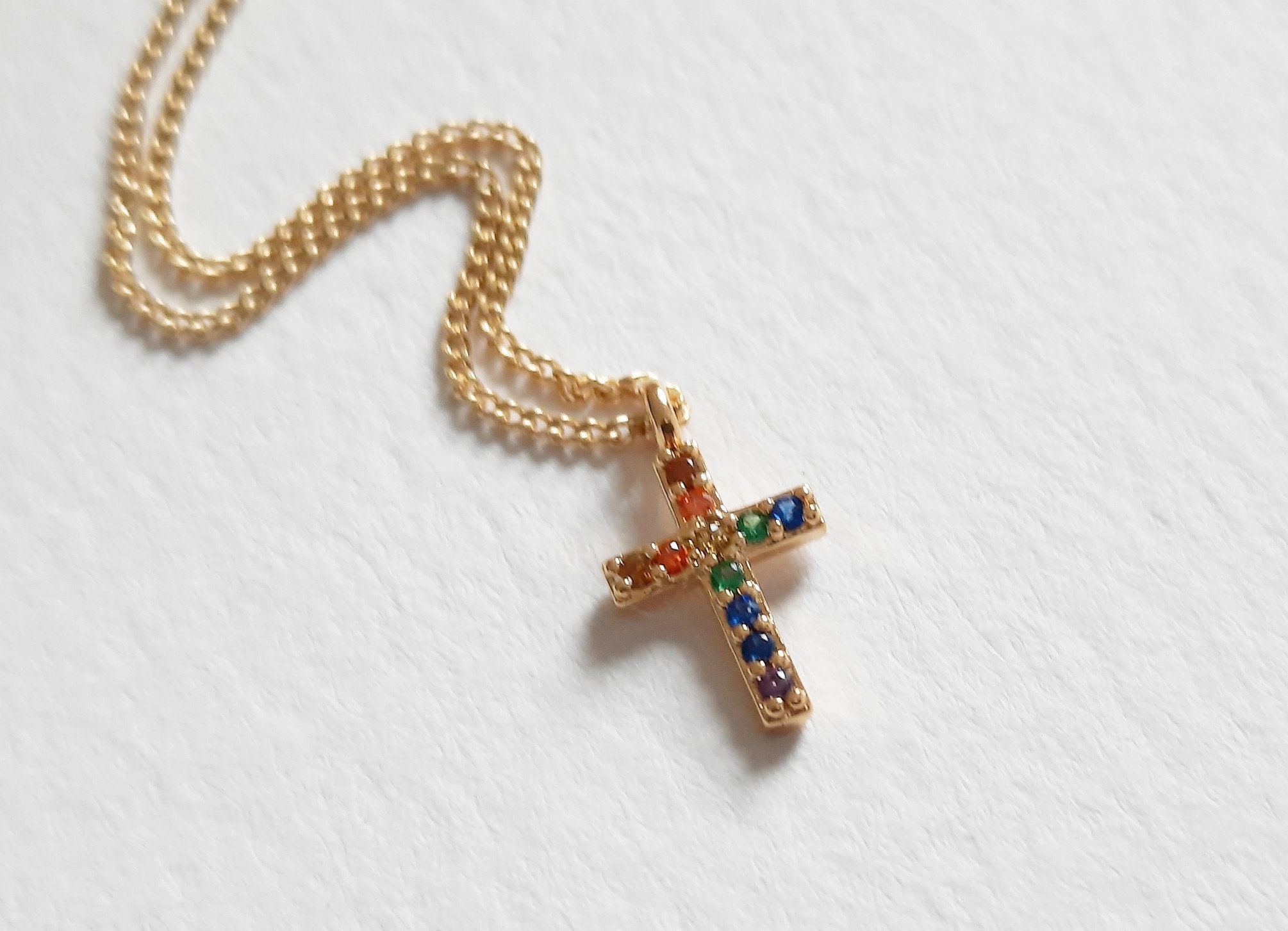 Rainbow Cross Necklace. Tiny Cross Necklace. Gold Cross. Tiny