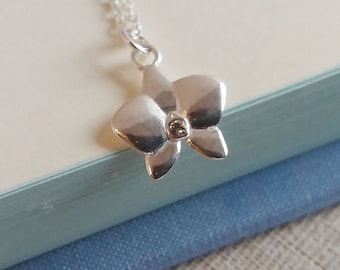 Silver Flower Necklace. Sterling Silver Orchid Pendant. Floral Necklace. Sterling Silver Necklace. Simple Dainty Everyday, Christmas Gift