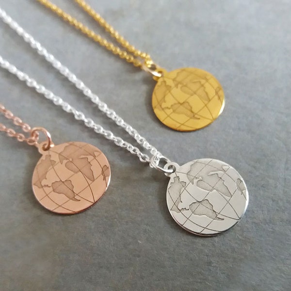 World Map Necklace. World Map Disc. Globe Necklace. Globe Disc. Silver World Map. Gold World Map. Rose Gold World Map. Gift For Traveller