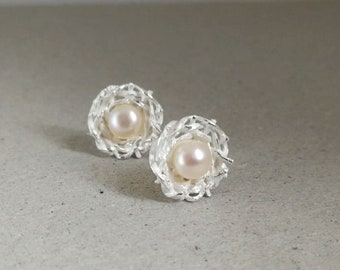 Silver Pearl Earrings, Sterling Silver Nest  Earrings, Pearl Stud Earrings, Nest Stud Earrings, Delicate Dainty, June Birthstone. Nest Charm