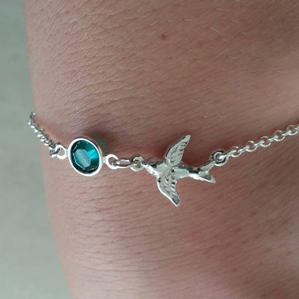 Silver Bird Bracelet. Birthstone Bracelet. Swallow Bracelet. Personalized Bracelet. Silver Flying Bird. Little Birdy. Christmas Gift