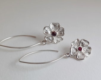 Sterling Silver Ruby Flower Earrings. Silver Floral Earrings. Simple Everyday. Dangly Flower Earrings. Earrings For Women. Nature Earrings