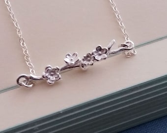 Cherry Blossom Necklace. Silver Twig Necklace. Sterling Silver Necklace. Cherry Blossoms Pendant. Christmas Gift. Layering Layered