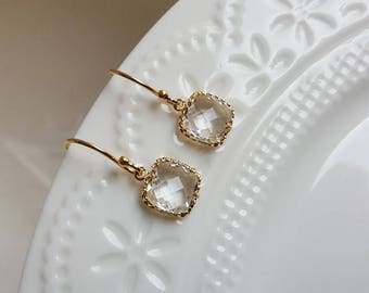 Crystal Earrings. Dainty Delicate Earrings. Faceted Glass Earrings. Gold Earrings. Minimal Jewelry