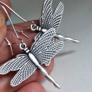 Può includere: Un paio di orecchini a forma di libellula color argento. Gli orecchini presentano ali dettagliate con un motivo a reticolo e un corpo sottile. I ganci sono argentati e curvi. Gli orecchini sono progettati per essere indossati all'orecchio.