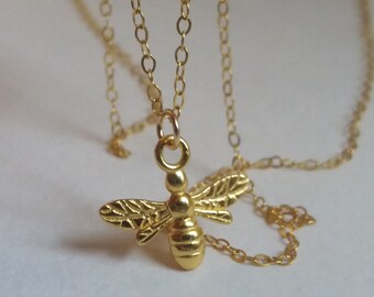 Gold Bee Necklace, Small Bee Pendant, Vermeil Bee, necklace For her, Gold Filled Chain, Simple Dainty Everyday, Bee Jewellery,Queen Bee Gift