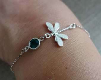 Personalized Sterling Silver Dragonfly Bracelet: Birthstone Jewelry