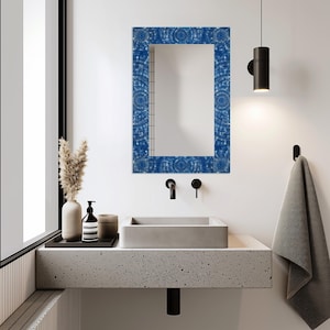 Rectangular Mirror with Geometric Blue Printed Glass Frame, Modern Wall Decor