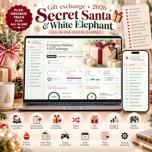Op de afbeelding: Een digitale planner voor Secret Santa en White Elephant cadeau-uitwisselingen weergegeven op een laptop- en smartphonescherm. De interface toont een dashboard met tabbladen voor deelnemers, verlanglijstjes, cadeau-tracking en agenda's.
