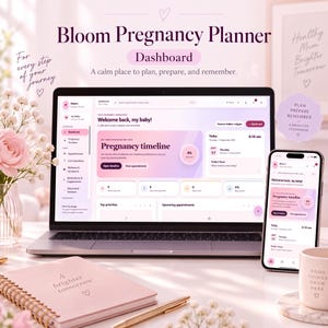 Puede incluir: Una interfaz de planificador de embarazo digital mostrada en una pantalla de portátil y smartphone. El panel presenta un tema de degradado rosa y morado suave con texto que incluye Bloom Pregnancy Planner, Welcome back, my baby y Pregnancy timeline. Un cuaderno de espiral rosa con el texto A brighter tomorrow y una taza con el texto Good things grow here están colocados sobre el escritorio.
