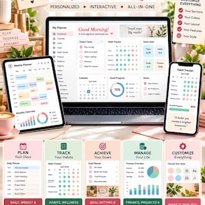 Puede incluir: Un planificador HTML personalizado en una computadora portátil, tableta y teléfono inteligente. La interfaz incluye secciones para tareas diarias, seguimiento de hábitos, progreso de metas y finanzas con texto como Good Morning y Plan Your Days.