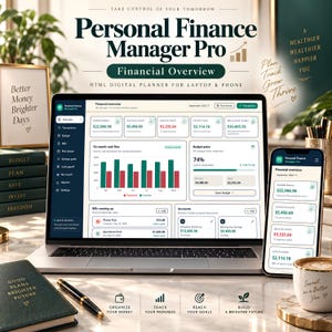 Op de afbeelding: Een digitale persoonlijke financiële manager weergegeven op een laptop- en smartphonescherm. De interface toont financiële overzichtsgegevens, waaronder kasstroomgrafieken, budgetoverzichten en rekeningsaldi. De tekst luidt Personal Finance Manager Pro.