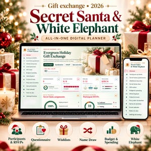 Peut inclure: Un planificateur numérique pour les échanges de cadeaux Secret Santa et White Elephant affiché sur un ordinateur portable et un smartphone. L'interface présente des onglets pour les participants, les listes de souhaits et le suivi budgétaire.