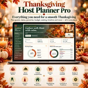 Peut inclure: Un planificateur numérique Thanksgiving Host Planner Pro affiché sur un écran d'ordinateur portable, présentant un tableau de bord avec listes d'invités, menus, budget et calendrier. Douze icônes circulaires détaillent les tâches.