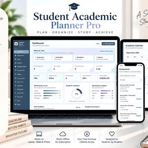Op de afbeelding: Een digitale Student Academic Planner Pro weergegeven op een laptop, tablet en smartphone. De interface toont een dashboard met opdrachten, examens en kalenders. Tekst bevat All-in-One Student Planner, A Smarter Student Life en Plan, Study, Progress, Achieve.