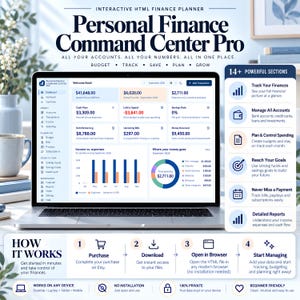 May include: A digital Personal Finance Command Center Pro interactive HTML planner displayed on a laptop screen. The interface shows financial dashboards, charts, and 14 powerful sections for tracking income, expenses, savings, and debt management.