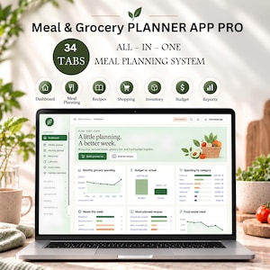 May include: A laptop screen displaying the Meal & Grocery Planner App Pro, an all-in-one system with 34 tabs. The interface features a dashboard with a weekly planner, monthly grocery spending charts, budget vs. actual graphs, and food waste trends.