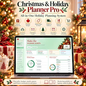 Peut inclure: Un système numérique Christmas & Holiday Planner Pro affiché sur un écran d'ordinateur portable. L'interface présente des sections pour les cadeaux, les budgets, les repas et les événements. Des icônes représentent les catégories de planification.