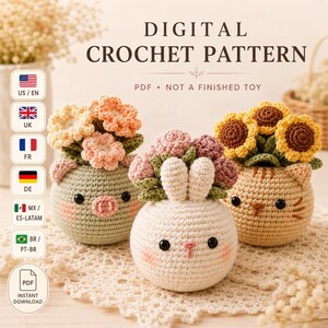 May include: A digital crochet pattern PDF featuring three round amigurumi animals: a light green pig, a white rabbit, and a tan cat, each holding a bouquet of crocheted flowers. The text reads DIGITAL CROCHET PATTERN and PDF NOT A FINISHED TOY.
