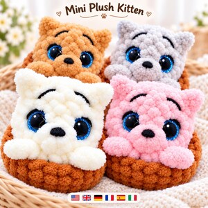 Mini Kitten Crochet Pattern, Cat in Basket Amigurumi PDF, One-Piece Plush Kitty, Advanced Beginner, 5 Languages