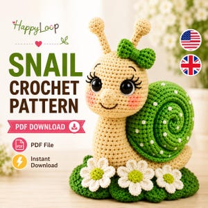 Snail Crochet Pattern PDF, Amigurumi Snail Pattern, Daisy Snail Amigurumi, Kawaii Snail Toy, Garden Decor, Instant Download