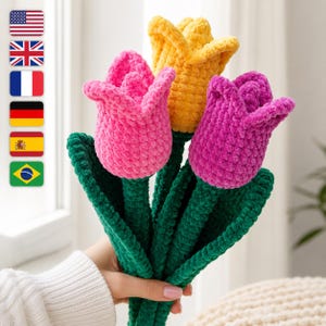 Tulip Crochet Pattern PDF, Plush Chenille Flower, No-Sew Amigurumi Tulip Bouquet Tutorial, Easy Crochet Gift and Spring Home Decor