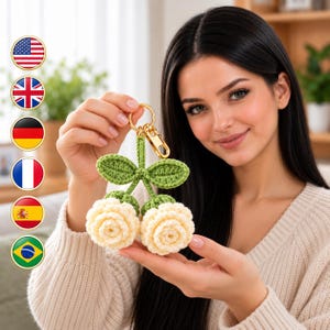 Crochet Rose Keychain Pattern PDF, Double Rose Bag Charm, Photo-Guided Flower Tutorial