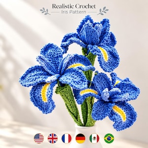 May include: Three crocheted iris flowers with vibrant blue petals, yellow accents, and green stems. The text Realistic Crochet Iris Pattern is displayed at the top. The flowers are arranged in a white vase, showcasing detailed yarn texture.