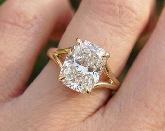 Anel de Noivado Exclusivo com Moissanita de 3 Quilates em Corte Almofada Alongado, Anel de Casamento Solitário Vintage com Corte Almofada, Anel de Compromisso, Presente para Ela