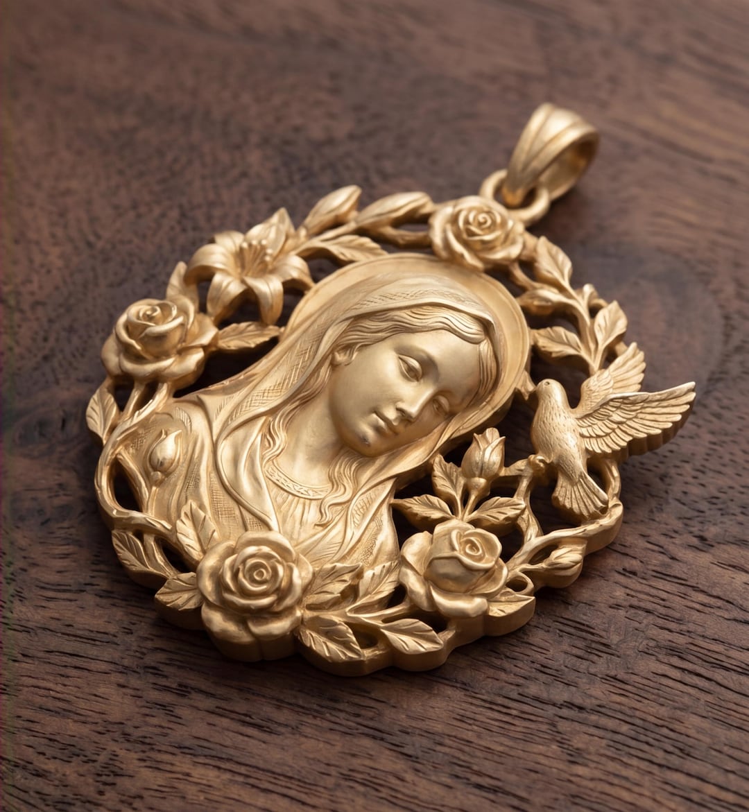 Handmade Virgin Mary Pendant Necklace, Gold Plated Catholic Jewelry ...