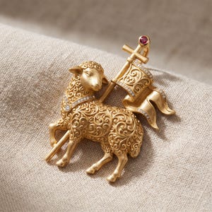 May include: A gold-toned brooch shaped like a lamb with intricate swirling patterns across its body. The lamb holds a flag on a pole topped with a small red gemstone. The lamb's collar and the flag's edges are accented with tiny clear stones.