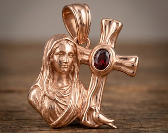 Collar con colgante de cruz de la Virgen María hecho a mano, regalo católico en oro rosa, joyería religiosa cristiana para mujer.