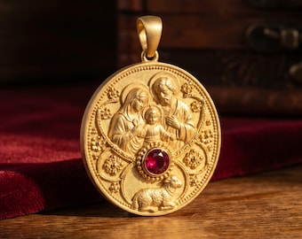Handmade Holy Family Gold Pendant Necklace, Catholic Family Medal Gift, Christian Religious Jewelry