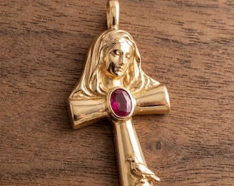 Collar con colgante de cruz de la Virgen María hecho a mano, chapado en oro, regalo católico, collar religioso cristiano para mujer.