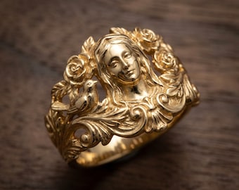 Handmade Virgin Mary Ring, Gold Plated Catholic Ring, Christian Religious Jewelry, Custom Faith Gift for Women