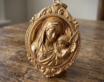 Handmade Virgin Mary Angel Pendant Necklace, Gold Catholic Medal Gift, Christian Religious Jewelry