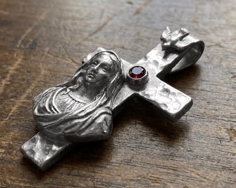 Collar con colgante de cruz de la Virgen María hecho a mano, piedra roja, regalo católico, collar religioso cristiano