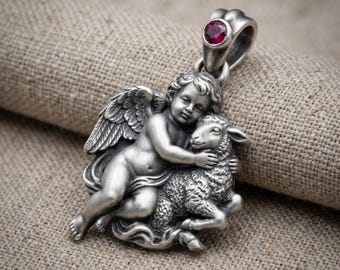 Colgante de cordero ángel querubín, collar de plata de ley, piedra de circonita cúbica rosa, joyería de protección espiritual.