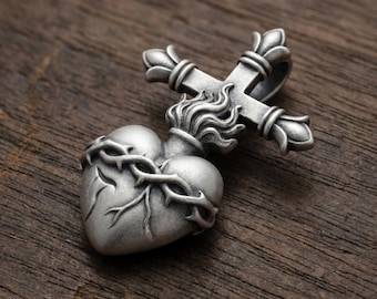 Handmade Sacred Heart Cross Pendant Necklace, Crown of Thorns Catholic Gift, Christian Religious Jewelry