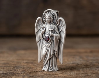Collar con colgante de ángel guardián hecho a mano, piedra roja, regalo cristiano, joyería religiosa para mujer.