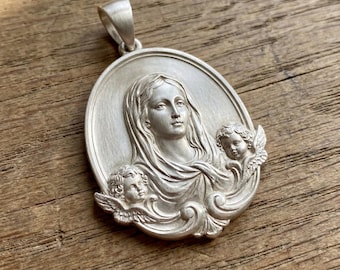 Handmade Virgin Mary Angel Pendant Necklace, Catholic Medal Gift, Christian Religious Jewelry