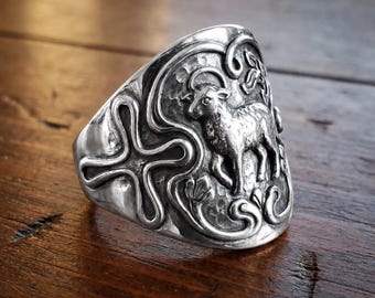 Anillo de cruz de cordero hecho a mano, anillo de fe cristiana, anillo de animal religioso, regalo personalizado para mujeres y hombres.