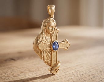 Collar con colgante de cruz de la Virgen María hecho a mano, piedra azul, regalo católico, joyería religiosa cristiana para mujer.