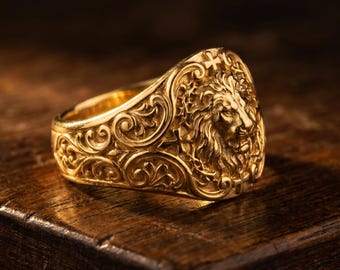 Handmade Lion of Judah Ring, Gold Plated Christian Ring, Religious Faith Jewelry, Custom Gift for Men