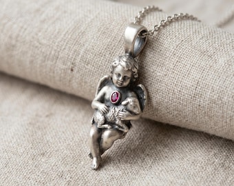 Colgante de cordero querubín de plata de ley, collar de fe de estilo vintage, regalo de bautismo