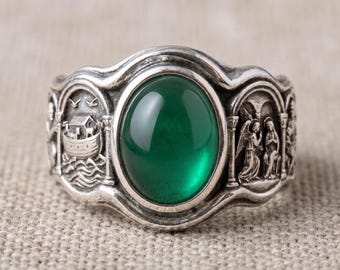 Anillo con historia bíblica, plata de ley, cobre, circonita cúbica verde, joyería de fe cristiana